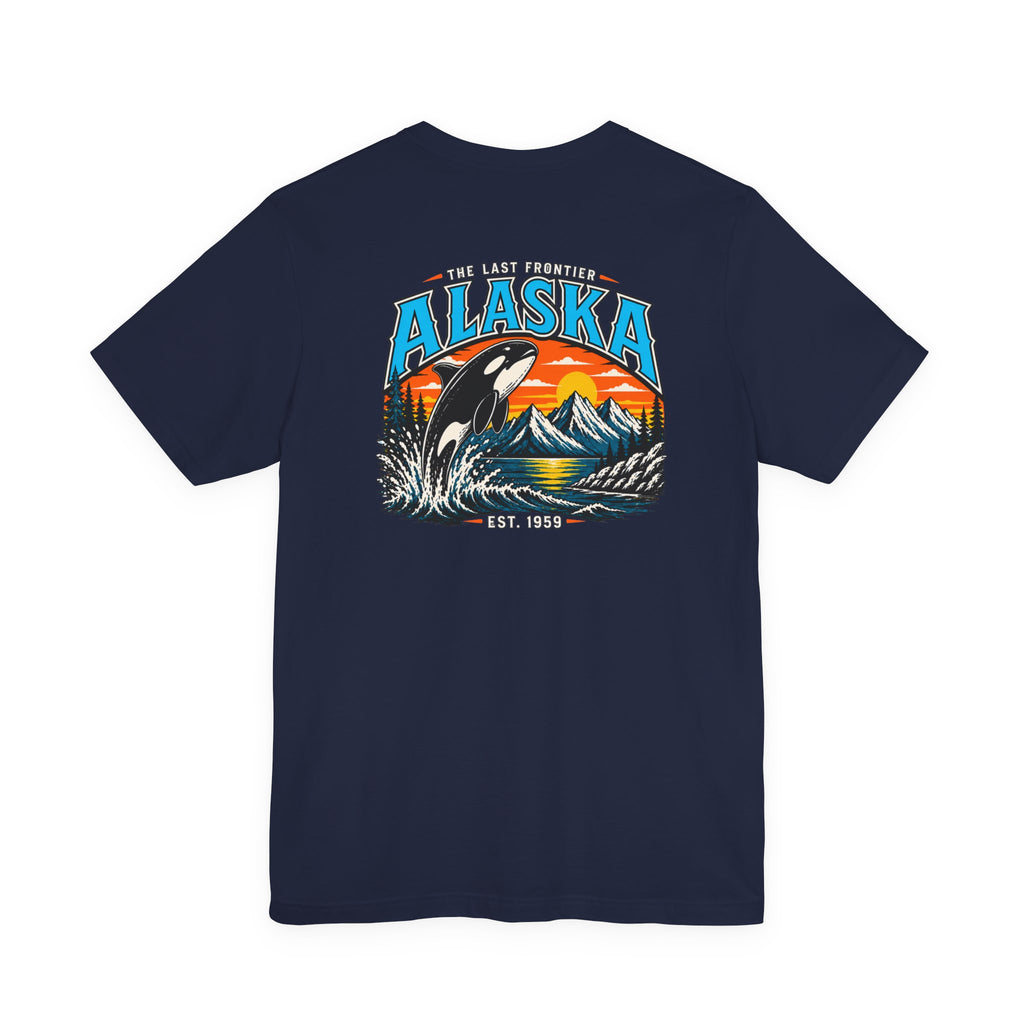 Alaska The Last Frontier T-Shirt – Orca Sunset Graphic Tee, Vintage Outdoor Travel Shirt, Nature Adventure Back Print Tee