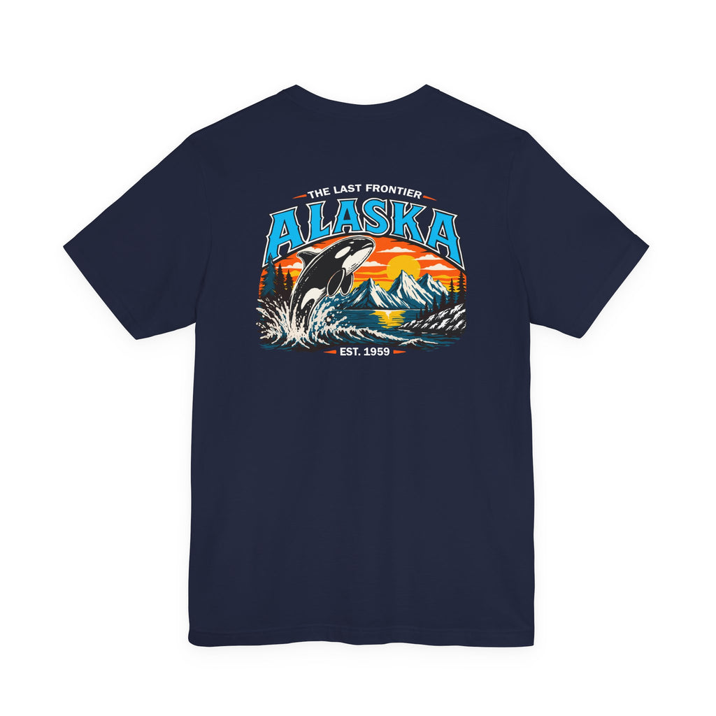 Alaska The Last Frontier T-Shirt – Orca Sunset Graphic Tee, Vintage Outdoor Travel Shirt, Nature Adventure Back Print Tee