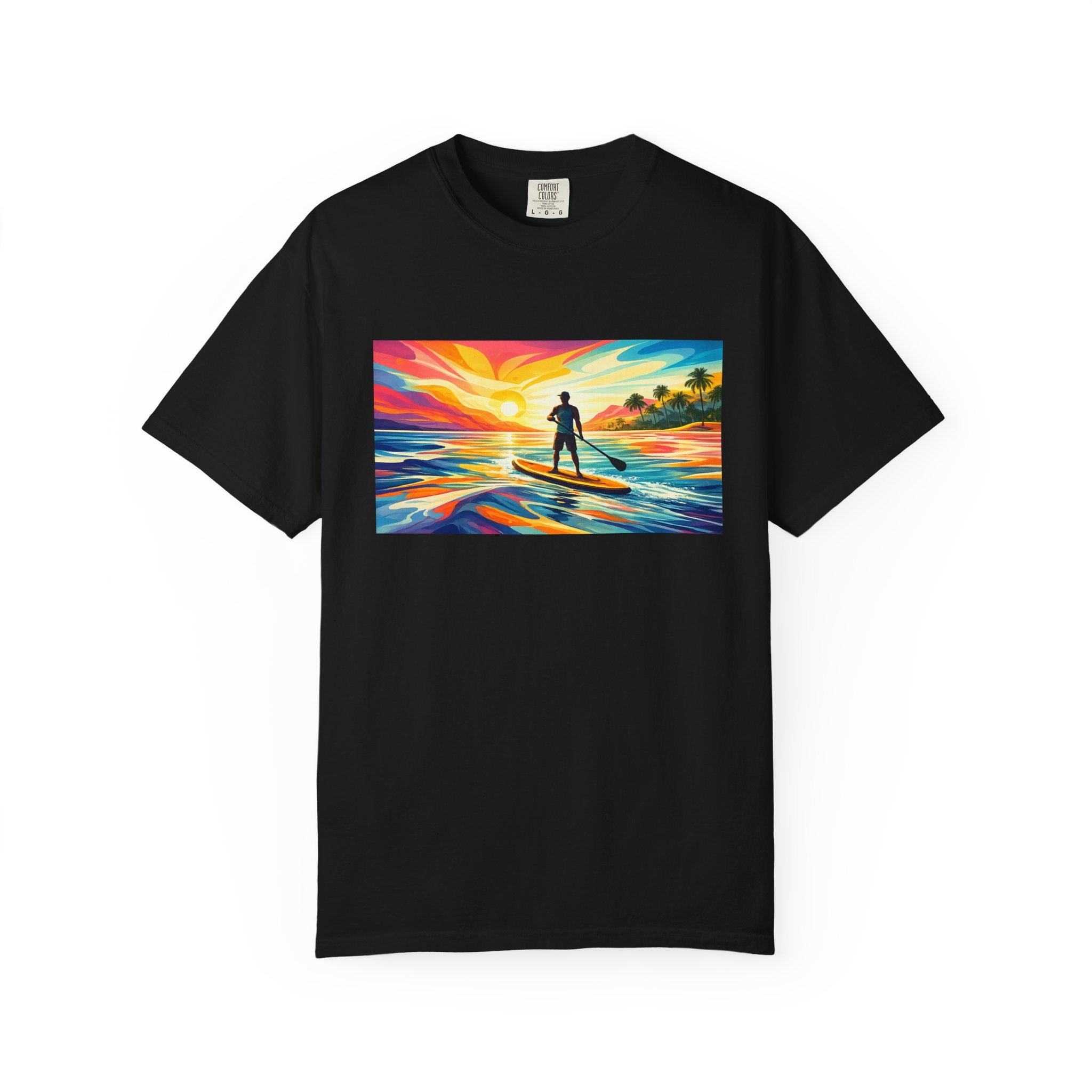 Sunset Paddleboard T‑Shirt — Colorful Surf Standup Paddleboard Sunset Tee