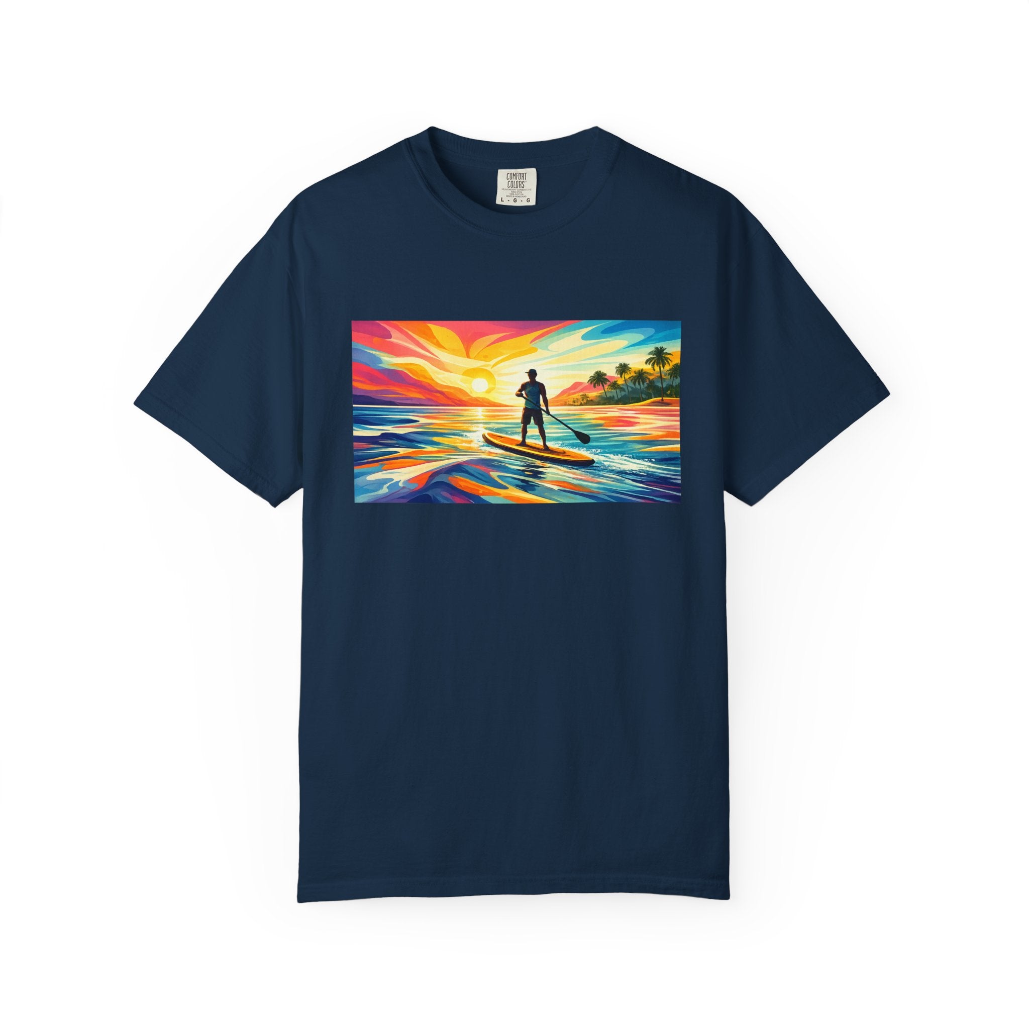 Sunset Paddleboard T‑Shirt — Colorful Surf Standup Paddleboard Sunset Tee