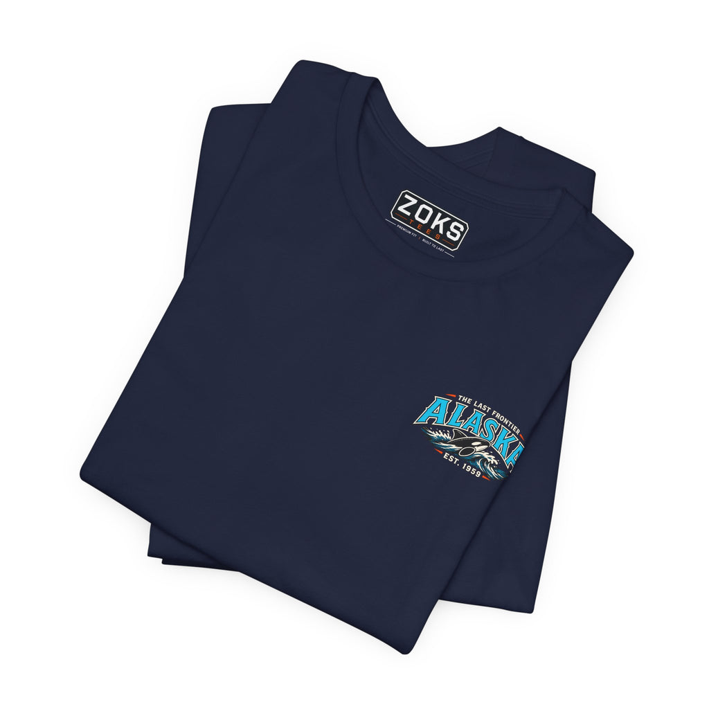Alaska The Last Frontier T-Shirt – Orca Sunset Graphic Tee, Vintage Outdoor Travel Shirt, Nature Adventure Back Print Tee