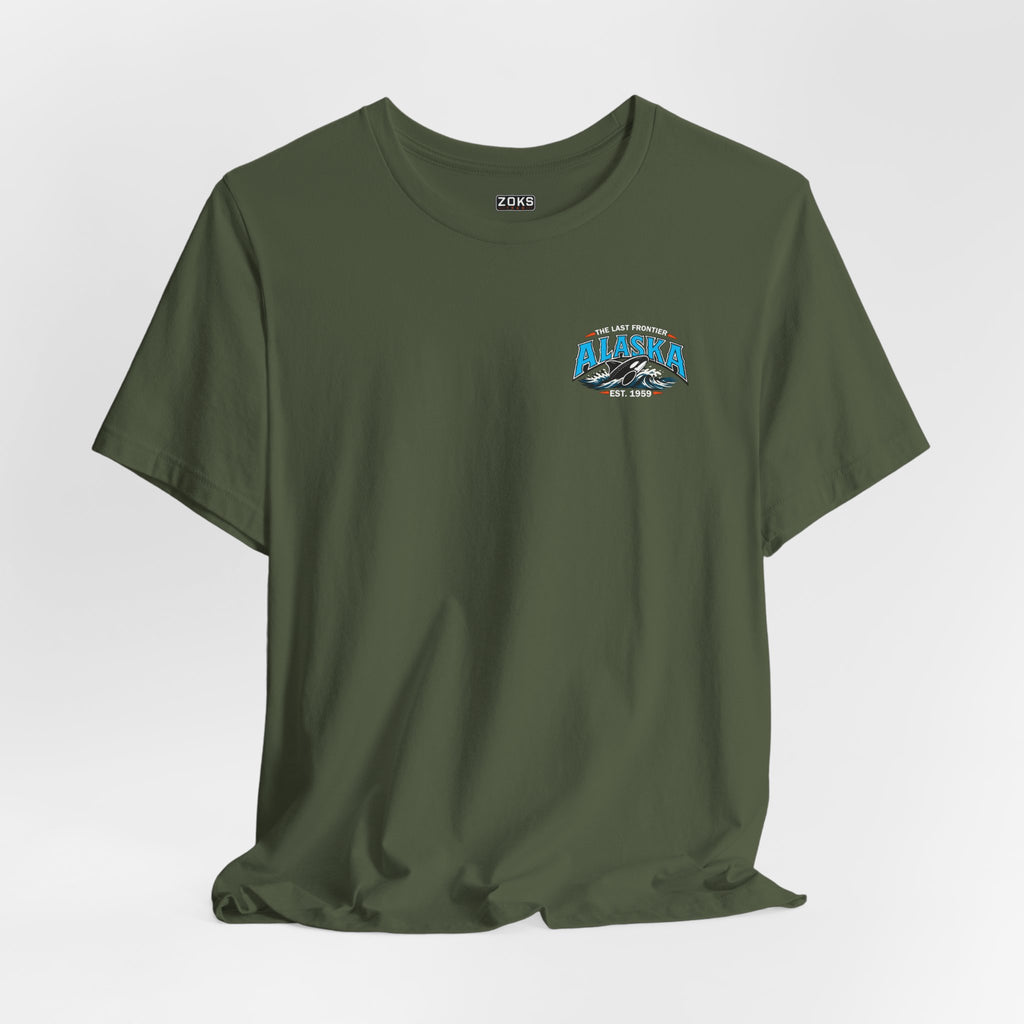 Alaska The Last Frontier T-Shirt – Orca Sunset Graphic Tee, Vintage Outdoor Travel Shirt, Nature Adventure Back Print Tee