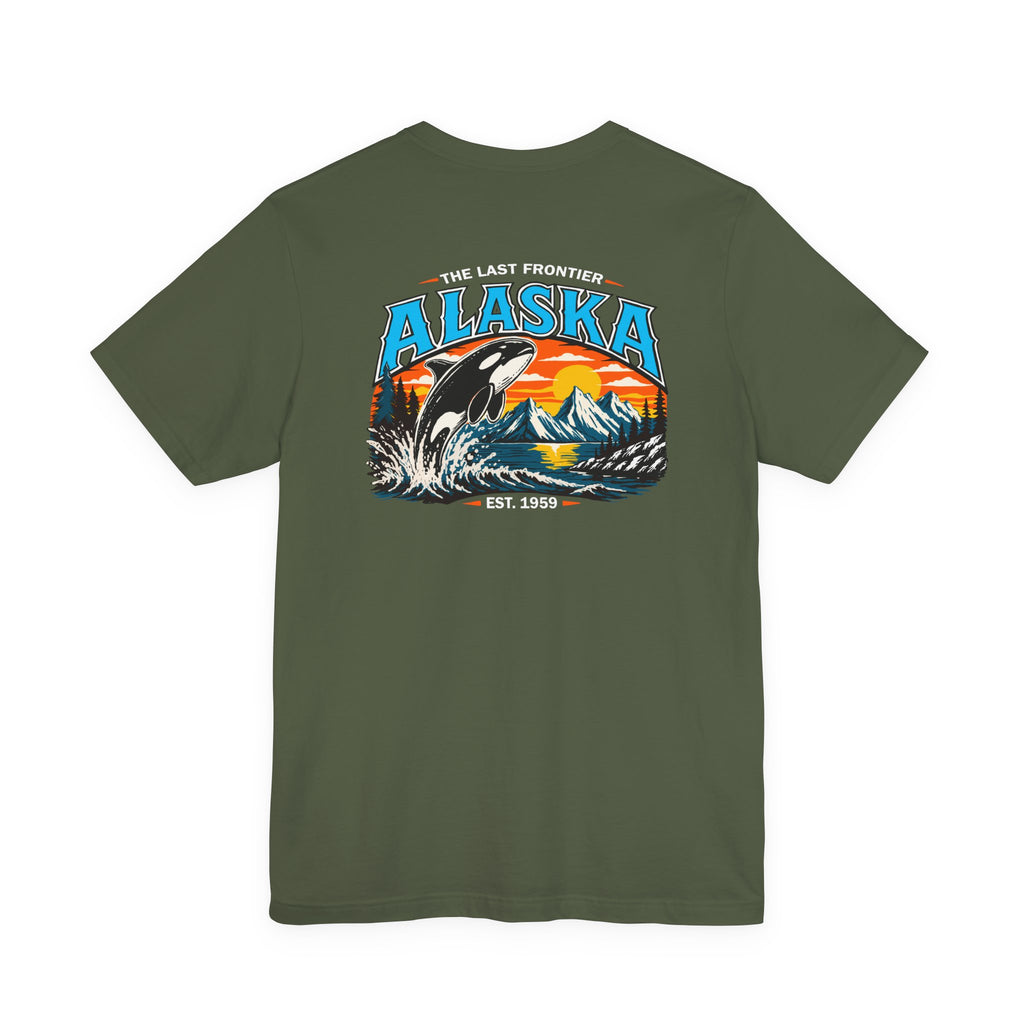 Alaska The Last Frontier T-Shirt – Orca Sunset Graphic Tee, Vintage Outdoor Travel Shirt, Nature Adventure Back Print Tee