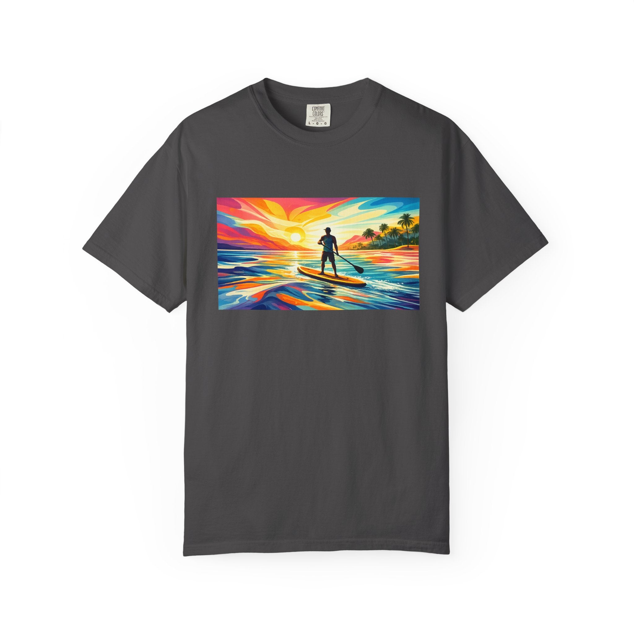 Sunset Paddleboard T‑Shirt — Colorful Surf Standup Paddleboard Sunset Tee