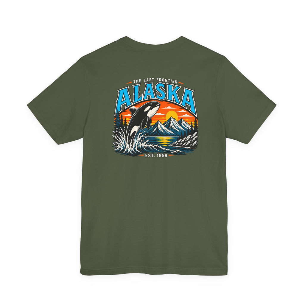 Alaska The Last Frontier T-Shirt – Orca Sunset Graphic Tee, Vintage Outdoor Travel Shirt, Nature Adventure Back Print Tee