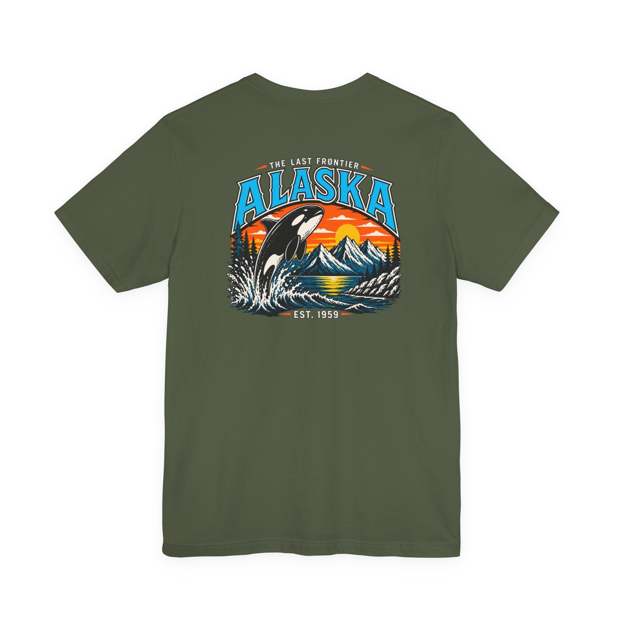 Alaska The Last Frontier T-Shirt – Orca Sunset Graphic Tee, Vintage Outdoor Travel Shirt, Nature Adventure Back Print Tee