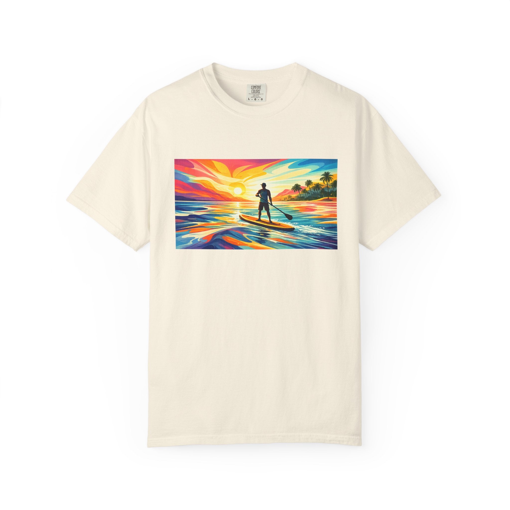 Sunset Paddleboard T‑Shirt — Colorful Surf Standup Paddleboard Sunset Tee