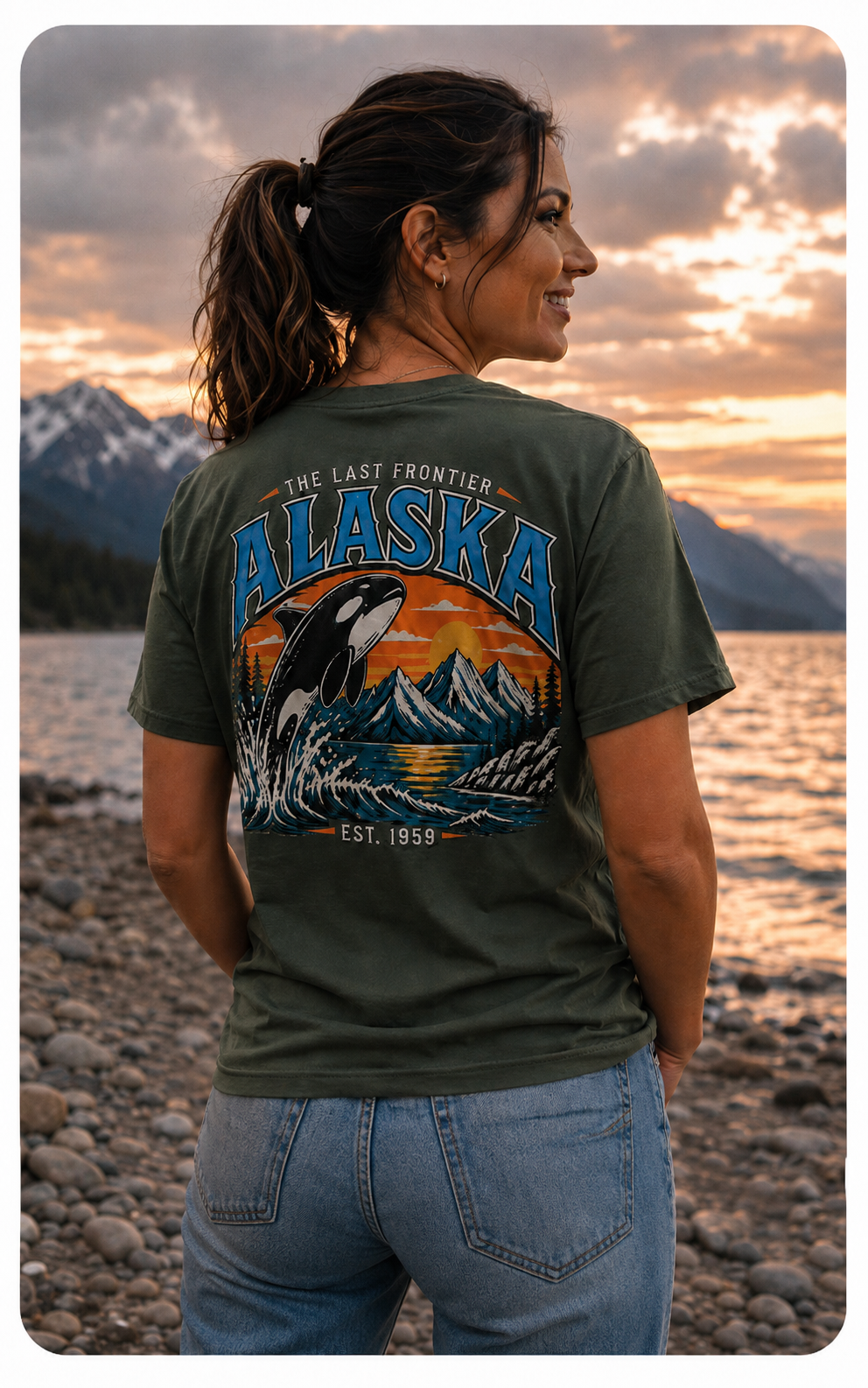Alaska The Last Frontier T-Shirt – Orca Sunset Graphic Tee, Vintage Outdoor Travel Shirt, Nature Adventure Back Print Tee