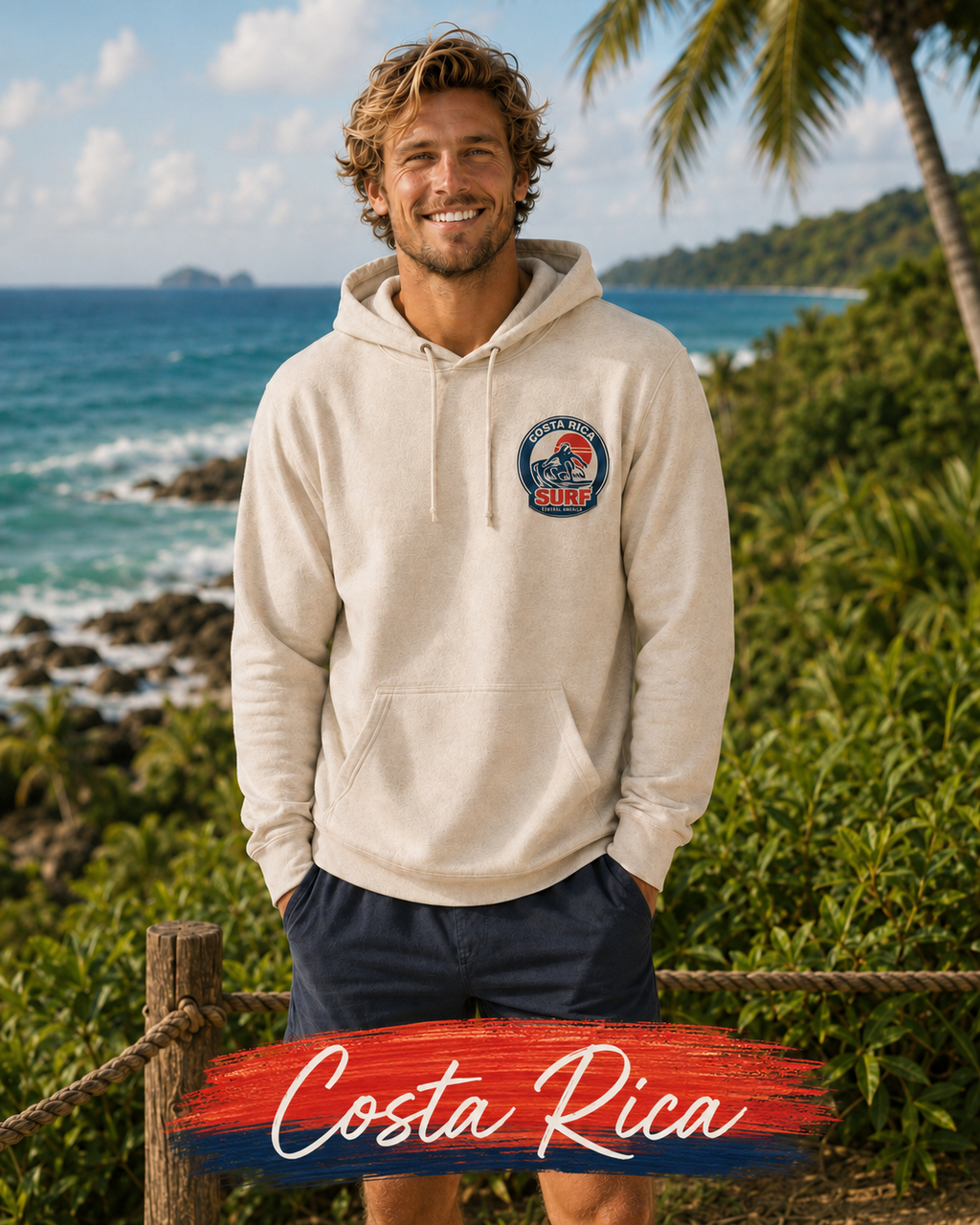 Costa Rica Surf Retro Hoodie — Vintage Surfer Graphic Pullover