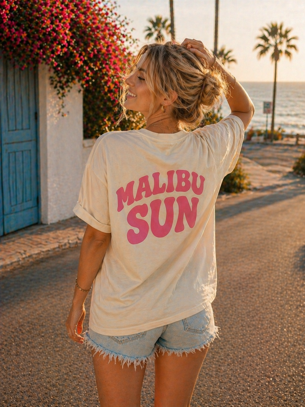 Malibu Sun Graphic Tee – Women's Soft Coastal Aesthetic Shirt, Summer Vacation Beach T-Shirt