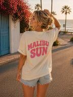 Malibu Sun Graphic Tee – Women's Soft Coastal Aesthetic Shirt, Summer Vacation Beach T-Shirt