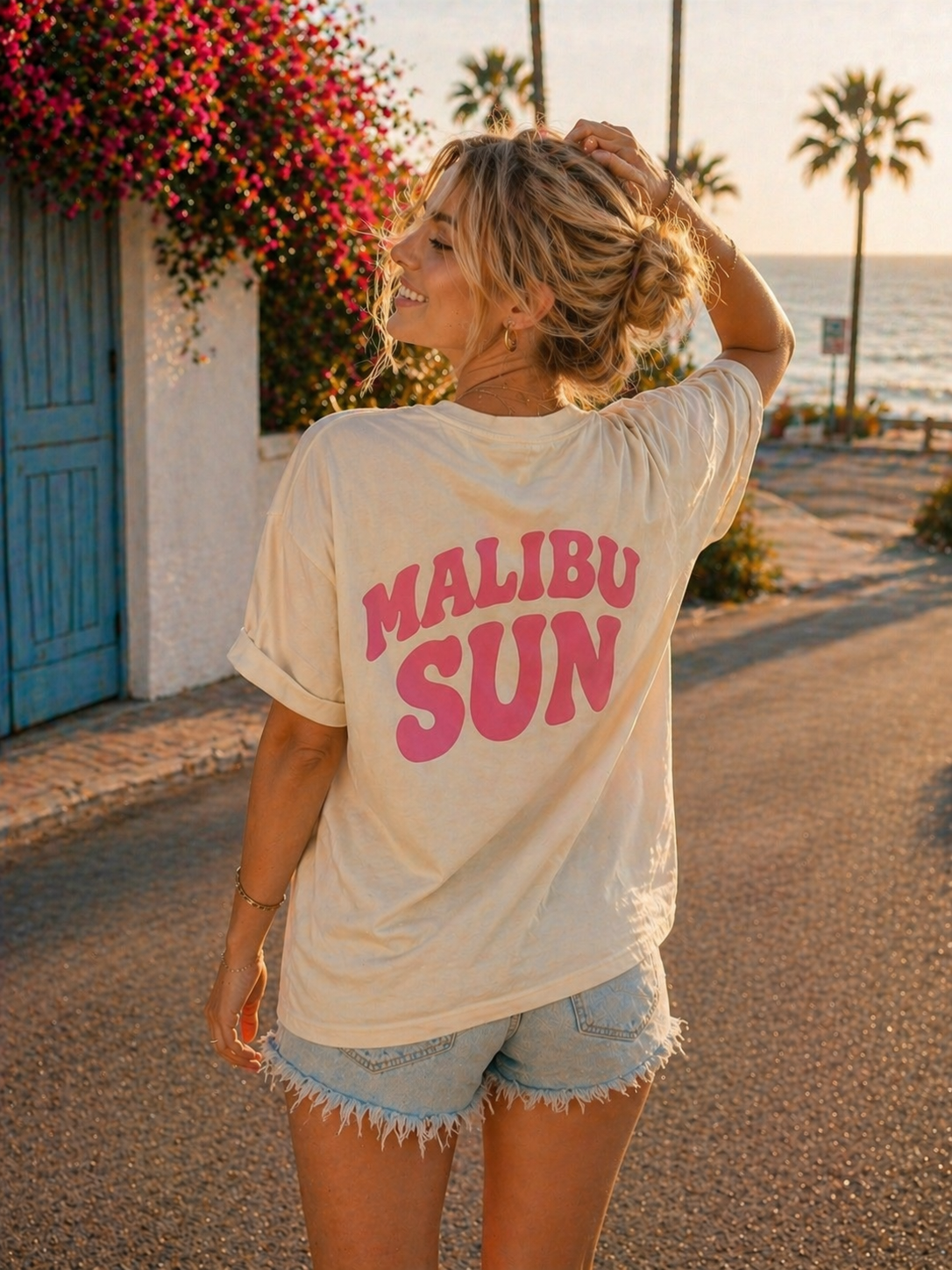 Malibu Sun Graphic Tee – Women's Soft Coastal Aesthetic Shirt, Summer Vacation Beach T-Shirt