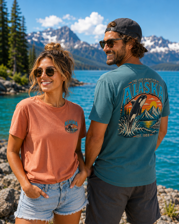 Alaska The Last Frontier T-Shirt – Orca Sunset Graphic Tee, Vintage Outdoor Travel Shirt, Nature Adventure Back Print Tee