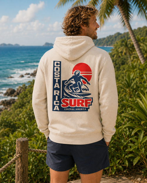 Costa Rica Surf Retro Hoodie — Vintage Surfer Graphic Pullover