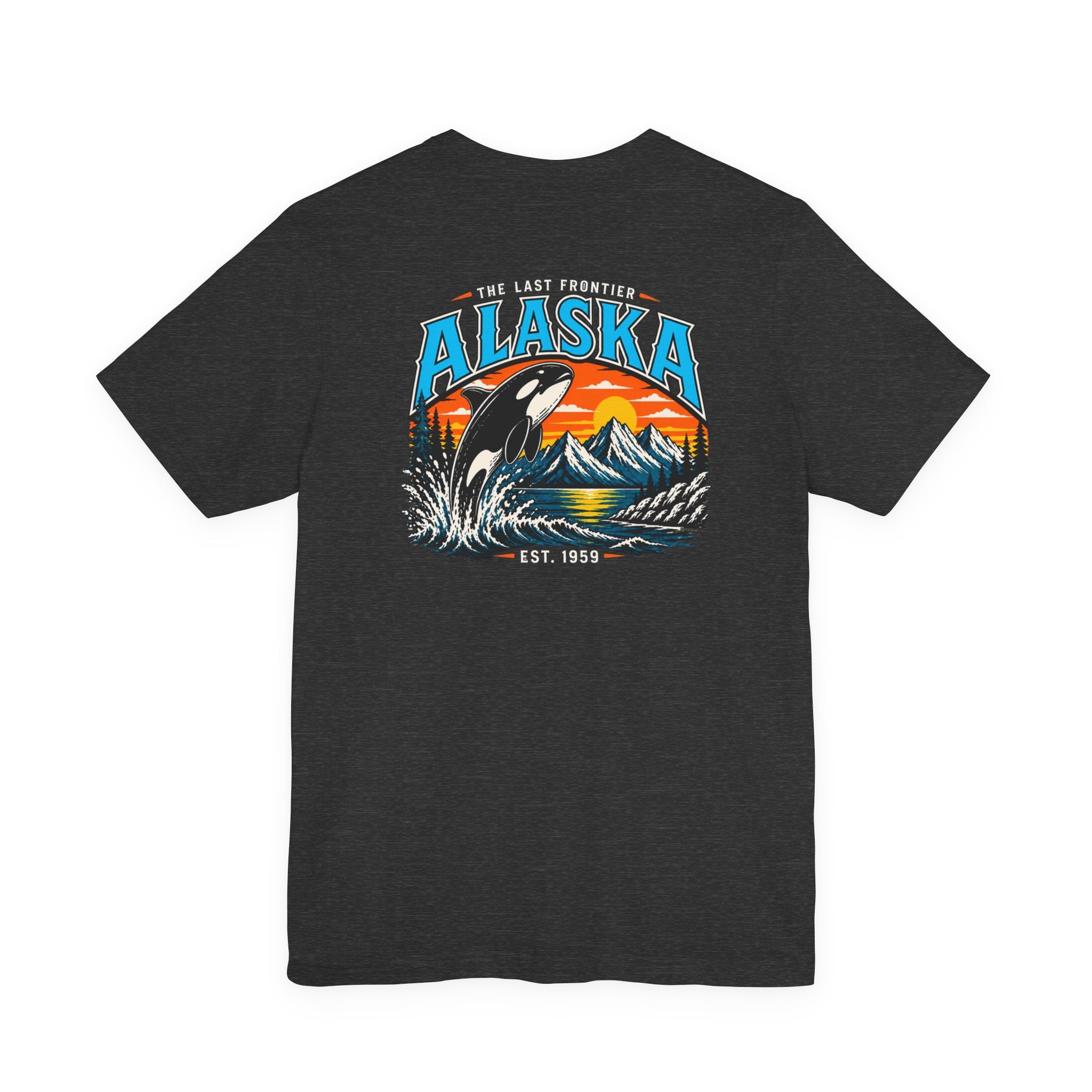 Alaska The Last Frontier T-Shirt – Orca Sunset Graphic Tee, Vintage Outdoor Travel Shirt, Nature Adventure Back Print Tee