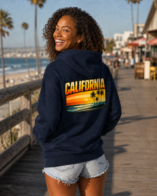 California Sunset Palm Tree Hoodie — Retro Beach Pullover