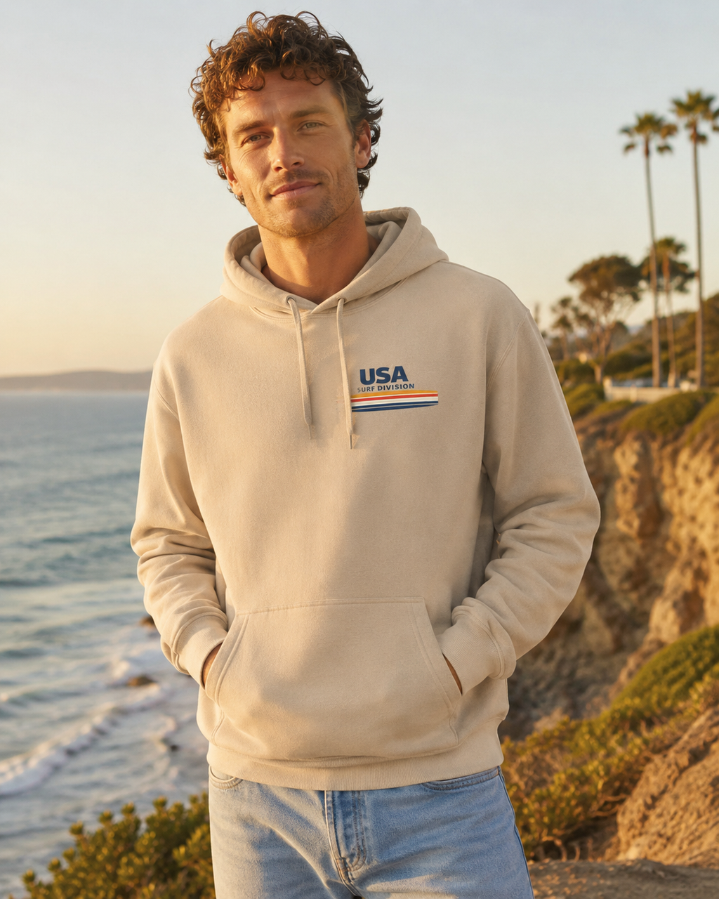 USA Surf Division Vintage Stripes Hoodie — Chest & Back Graphic
