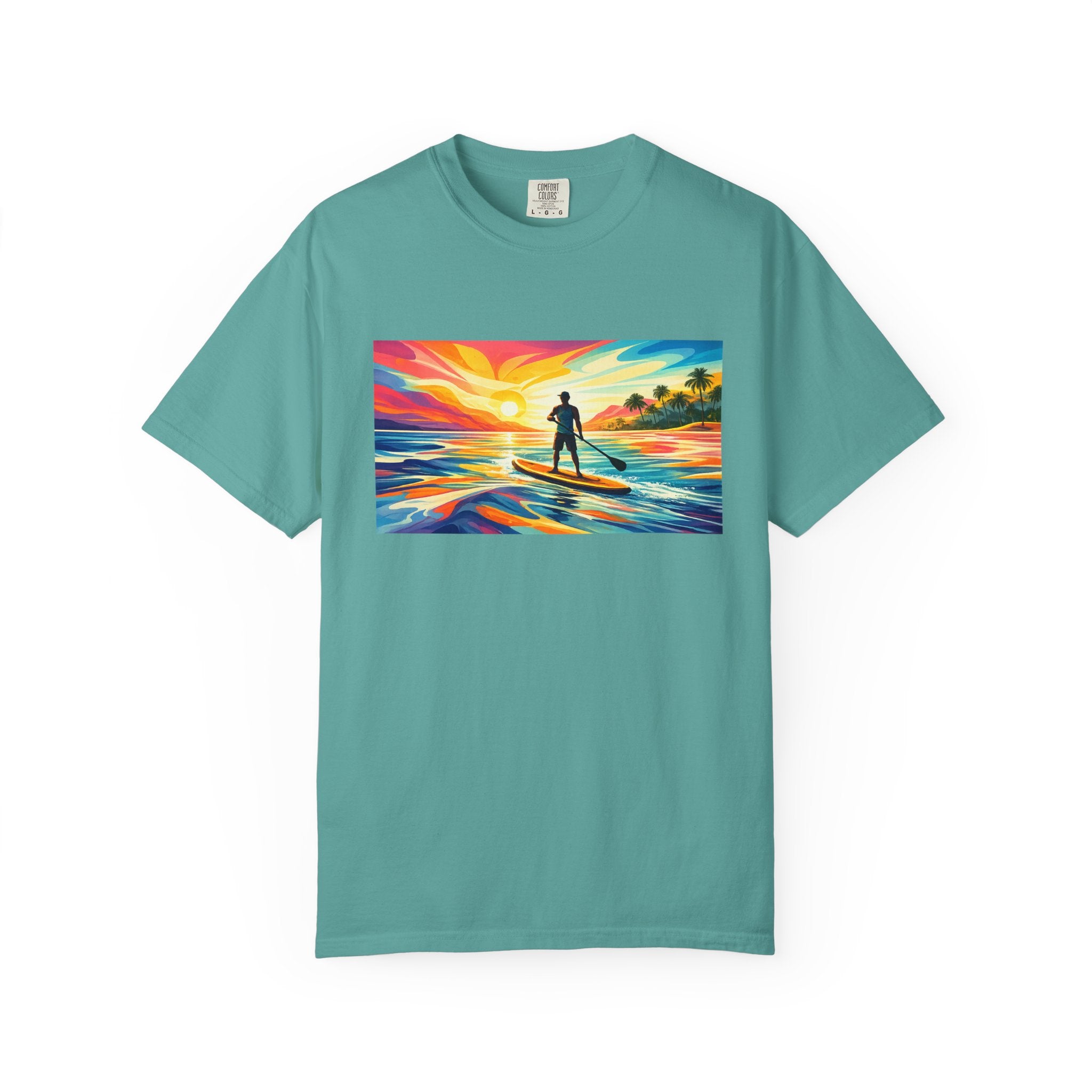 Sunset Paddleboard T‑Shirt — Colorful Surf Standup Paddleboard Sunset Tee