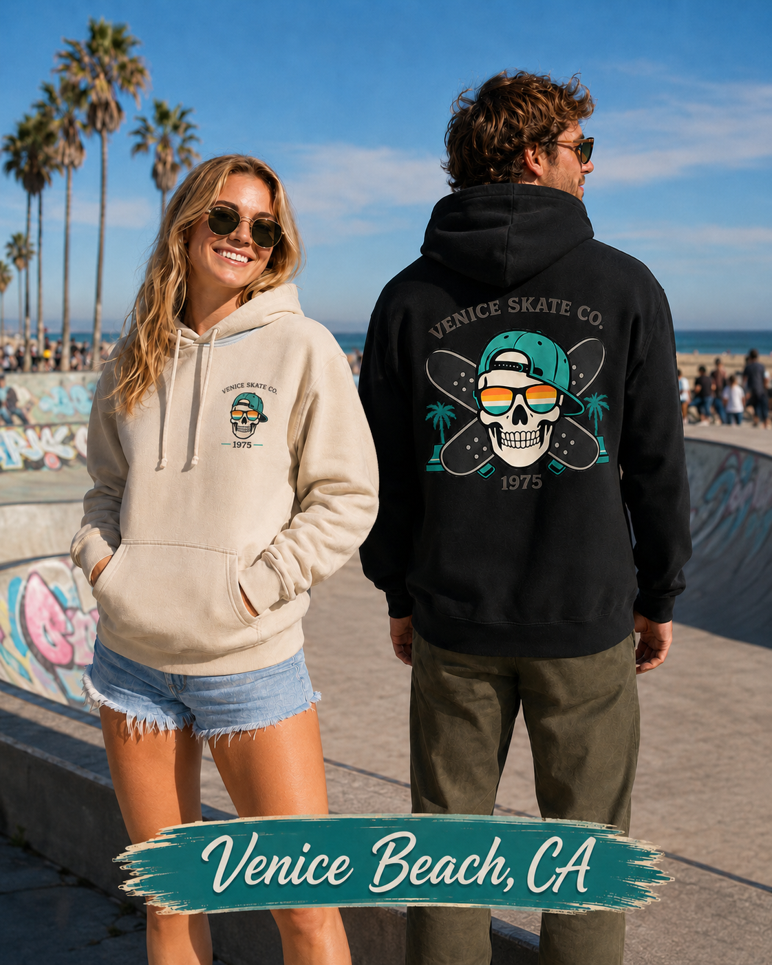 Venice Skate Co. Skull Palm Skateboard Hoodie — Retro Venice, California Pullover