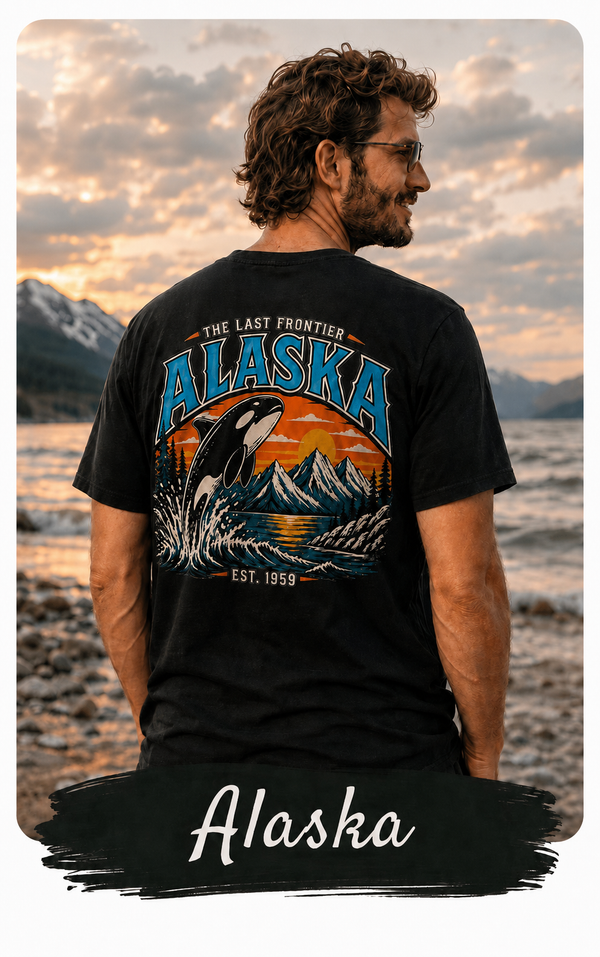 Alaska The Last Frontier T-Shirt – Orca Sunset Graphic Tee, Vintage Outdoor Travel Shirt, Nature Adventure Back Print Tee