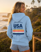 USA Surf Division Vintage Stripes Hoodie — Chest & Back Graphic