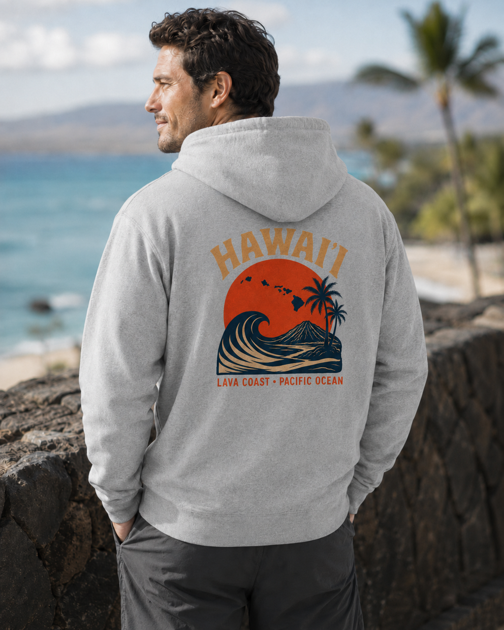 Hawai'i Lava Coast Surf Hoodie | Vintage Wave, Volcano & Palm Tree Graphic Sweatshirt