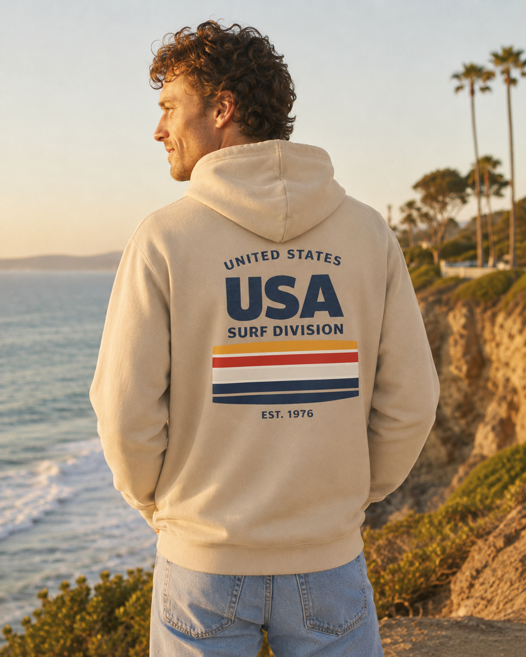USA Surf Division Vintage Stripes Hoodie — Chest & Back Graphic