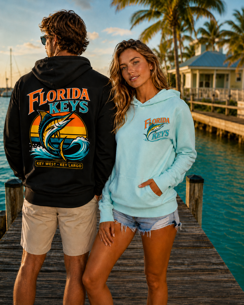 Florida Keys Fishing Hoodie — Key West Key Largo Sunset Marlin Design